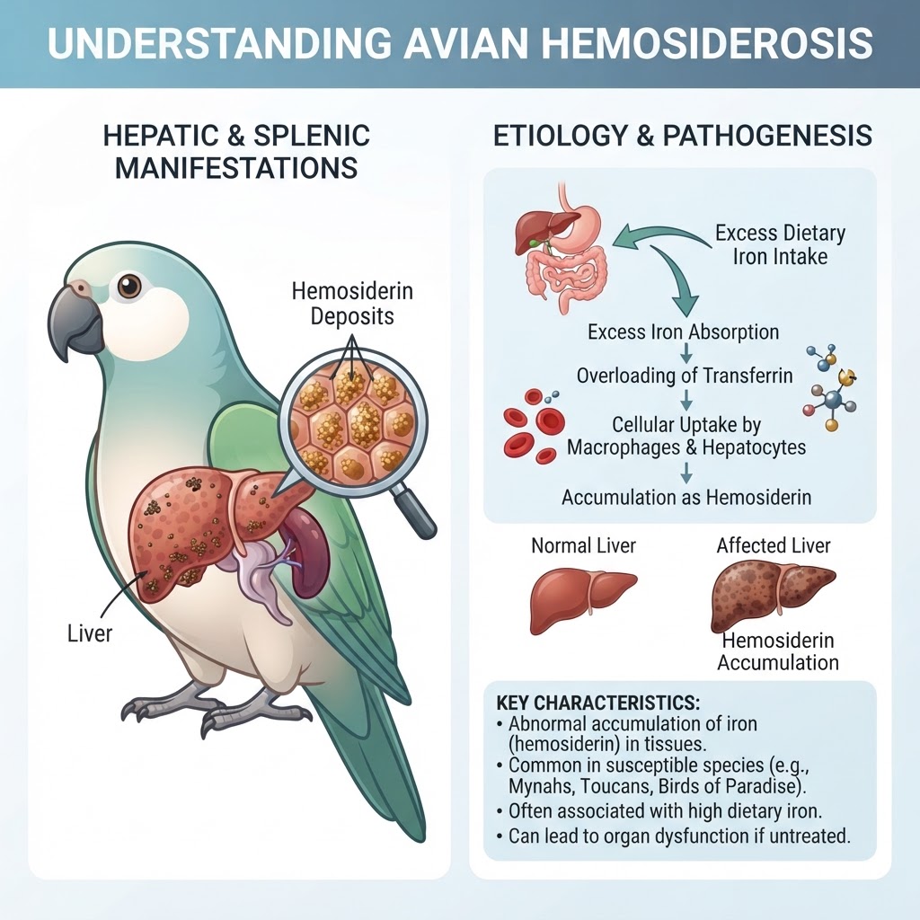 avian hemosiderosis — Avian hemosiderosis is a nutritional and metabolic disorder characterized by the abnormal accumulation of iron within the liver and other tissues of captive birds.