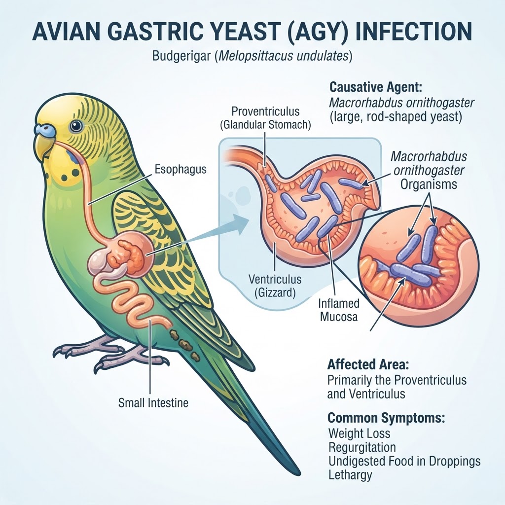 avian gastric yeast infection — Avian Gastric Yeast (AGY) is a fungal infection caused by Macrorhabdus ornithogaster that affects the proventriculus and ventriculus, often leading to chronic wasting and digestive dysfunction.