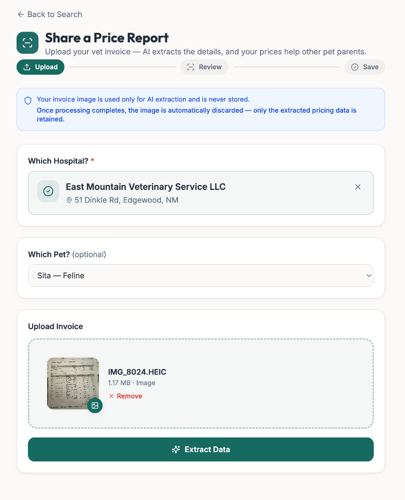 Upload a vet invoice with AI-powered OCR extraction