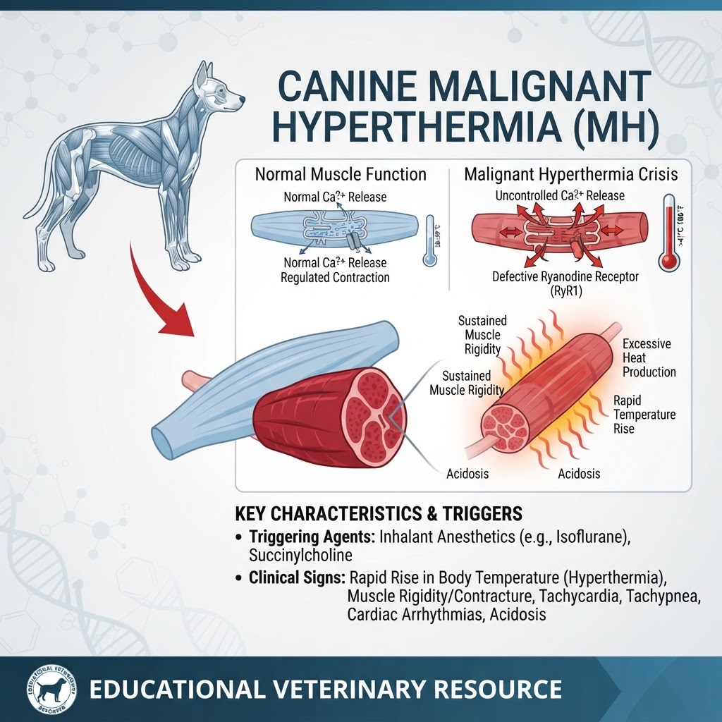 canine malignant hyperthermia — Canine malignant hyperthermia is a rare, life-threatening pharmacogenetic skeletal muscle disorder triggered by exposure to specific anesthetic agents.