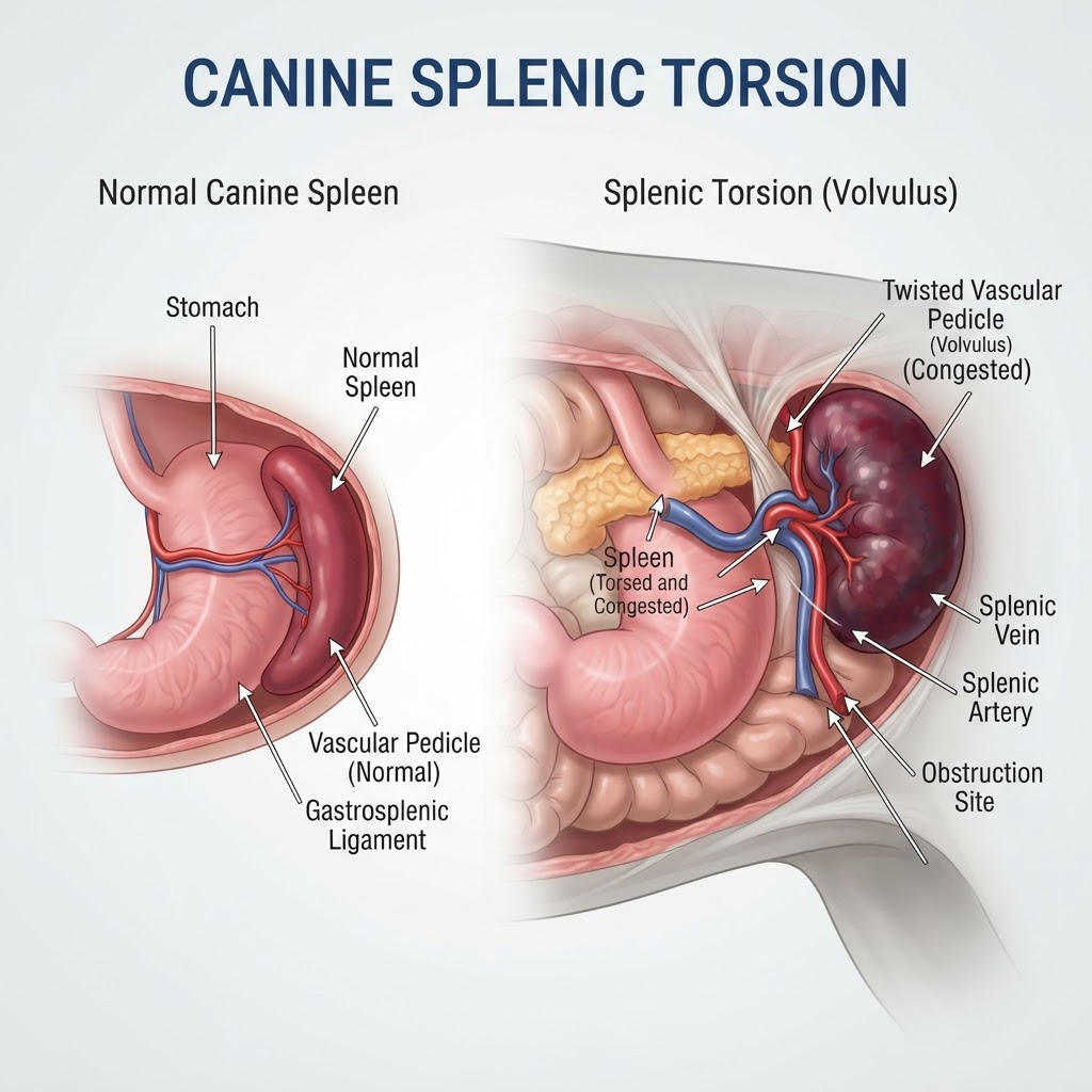 Splenic Torsion in Dogs — Splenic torsion is a life-threatening medical emergency where the spleen rotates on its vascular pedicle, causing venous congestion and potential infarction of the splenic tissue.