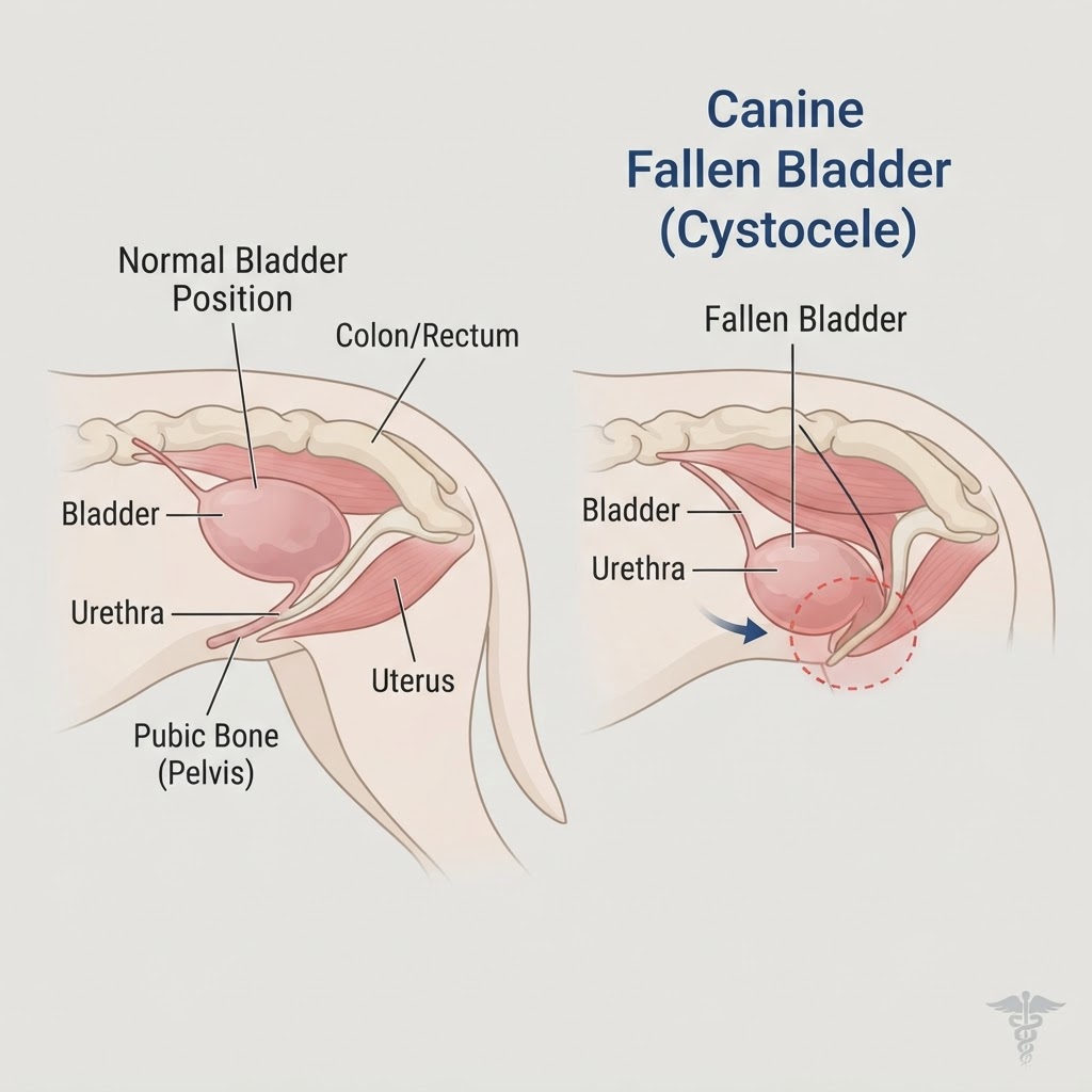 Fallen Bladder in Dogs — A 'fallen bladder' typically refers to a traumatic rupture of the urinary bladder or a severe displacement often associated with significant blunt force trauma.
