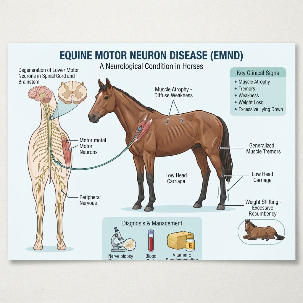 equine motor neuron disease — Equine Motor Neuron Disease (EMND) is a debilitating neurodegenerative condition resulting from the oxidative damage and death of lower motor neurons in the spinal cord and brainstem.