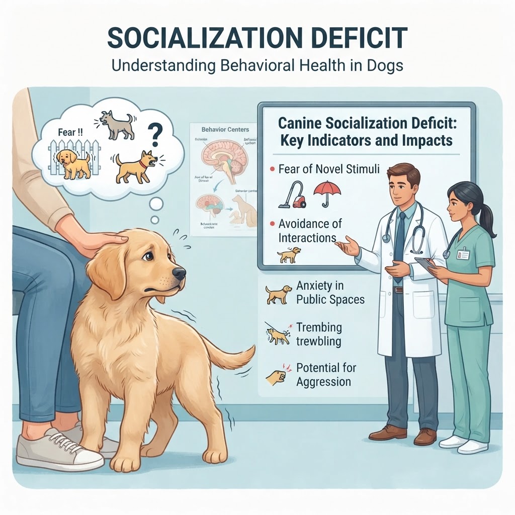 Socialization Deficit in Dogs — Socialization deficit in dogs is a behavioral condition characterized by a lack of appropriate social interaction during critical developmental periods, leading to fear, anxiety, and reactivity towards unfamiliar people, animals, or environments.