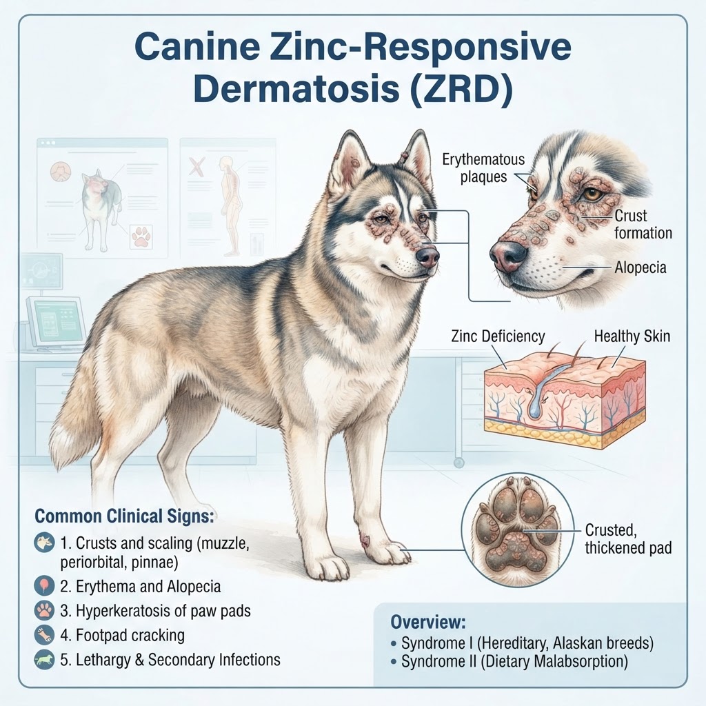 canine zinc-responsive dermatosis — Canine zinc-responsive dermatosis is a nutritional skin disorder characterized by crusting, scaling, and inflammation due to an inability to properly absorb or metabolize dietary zinc.