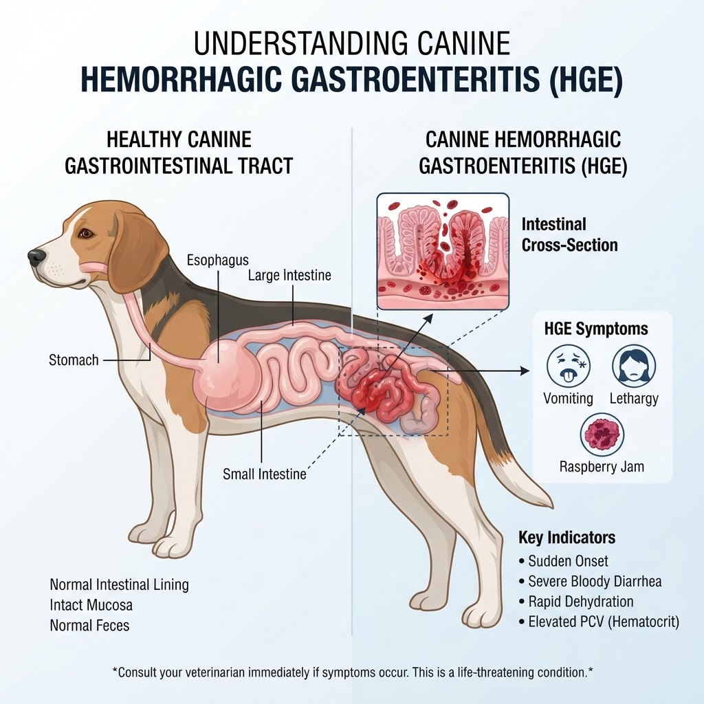 Hemorrhagic Gastroenteritis in Dogs — Hemorrhagic Gastroenteritis (HGE), now clinically referred to as Acute Hemorrhagic Diarrhea Syndrome (AHDS), is a life-threatening canine condition characterized by the sudden onset of profuse, bloody diarrhea and rapid dehydration.