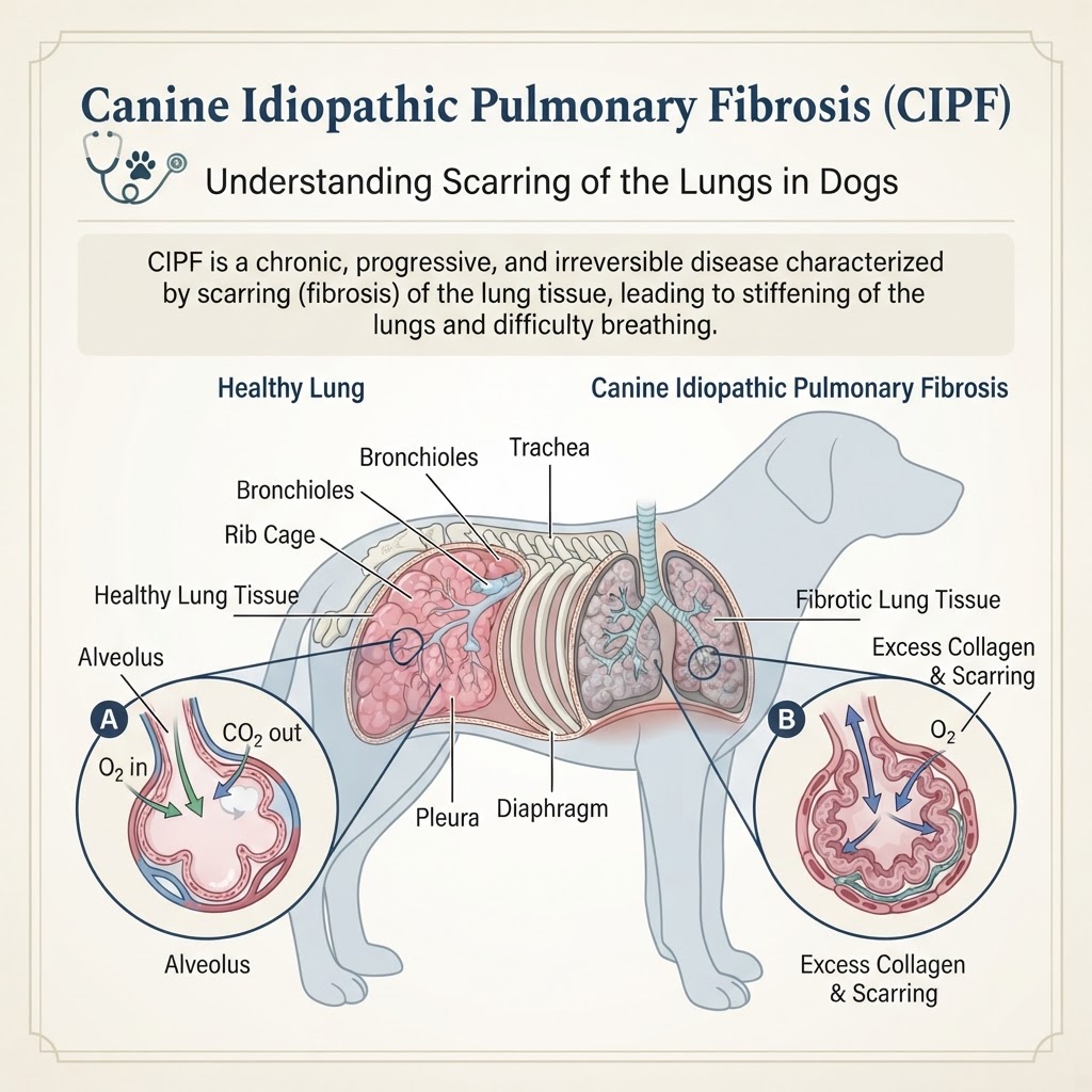 canine idiopathic pulmonary fibrosis — Canine idiopathic pulmonary fibrosis is a progressive, chronic respiratory condition characterized by the scarring and thickening of lung tissue, leading to irreversible loss of oxygen exchange efficiency.