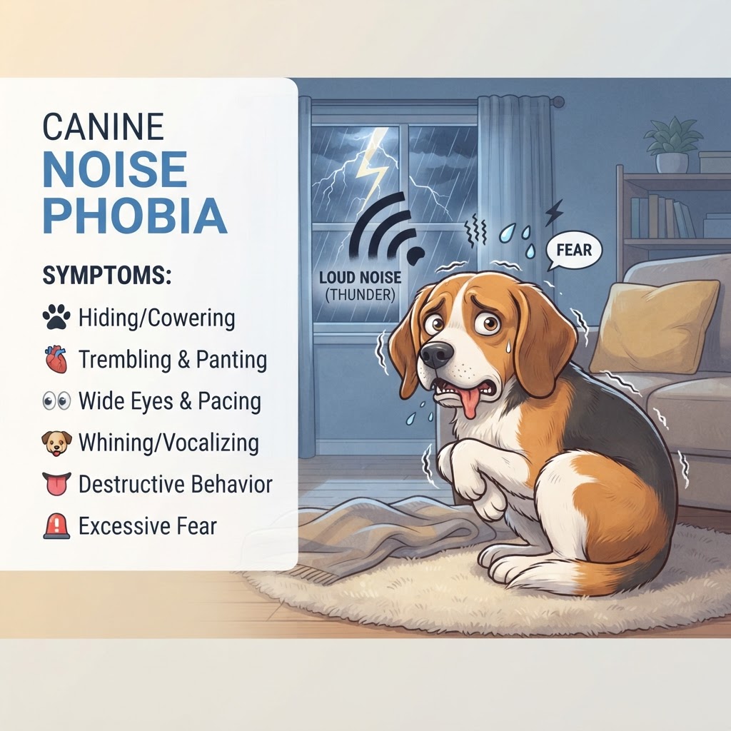 Noise Phobia in Dogs — Noise phobia is a maladaptive, extreme fear response in dogs triggered by specific auditory stimuli such as thunderstorms, fireworks, or sudden loud noises, which can escalate into significant psychological distress.