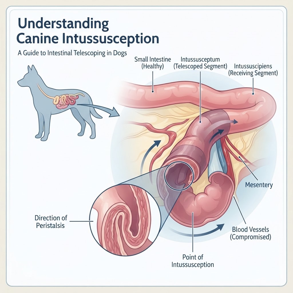 Intussusception in Dogs — Intussusception is a life-threatening surgical emergency where one segment of the intestine telescopes into the adjacent distal portion, resulting in a severe gastrointestinal obstruction.