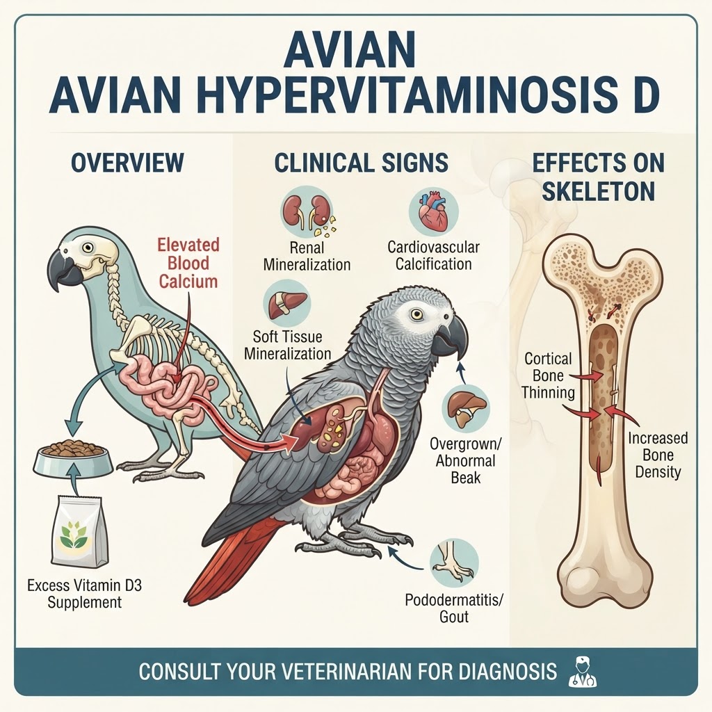 avian hypervitaminosis D — Avian hypervitaminosis D is a toxic condition resulting from the excessive intake of Vitamin D3, leading to life-threatening hypercalcemia and soft tissue mineralization.