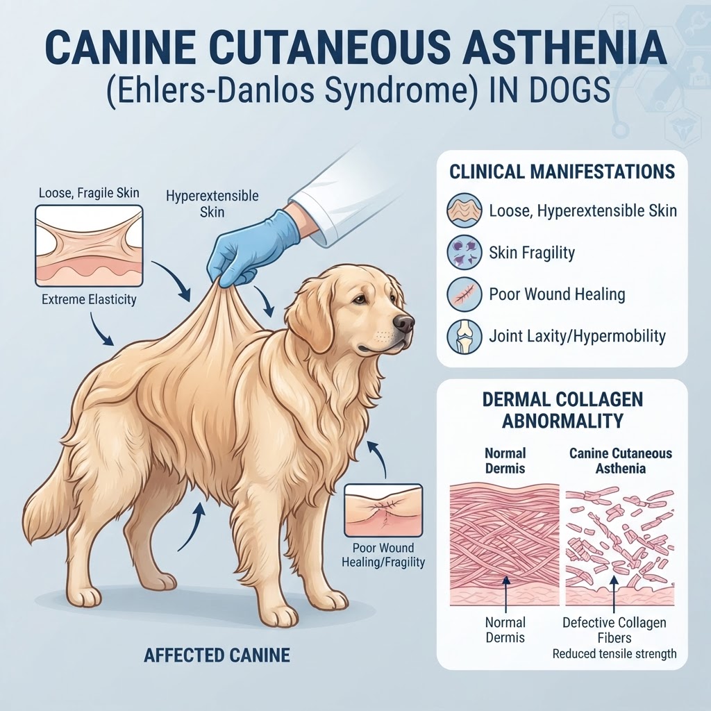 canine cutaneous asthenia — Canine cutaneous asthenia, also known as Ehlers-Danlos syndrome, is a hereditary connective tissue disorder characterized by defective collagen synthesis that results in fragile, hyper-extensible skin and loose joints.