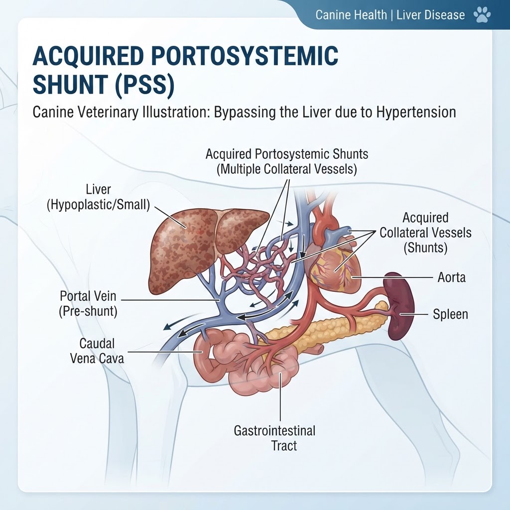 Portosystemic Shunt (Acquired) in Dogs — Acquired portosystemic shunts are abnormal blood vessels that divert blood flow from the liver to the systemic circulation, often resulting from underlying liver disease or increased pressure within the portal vein.