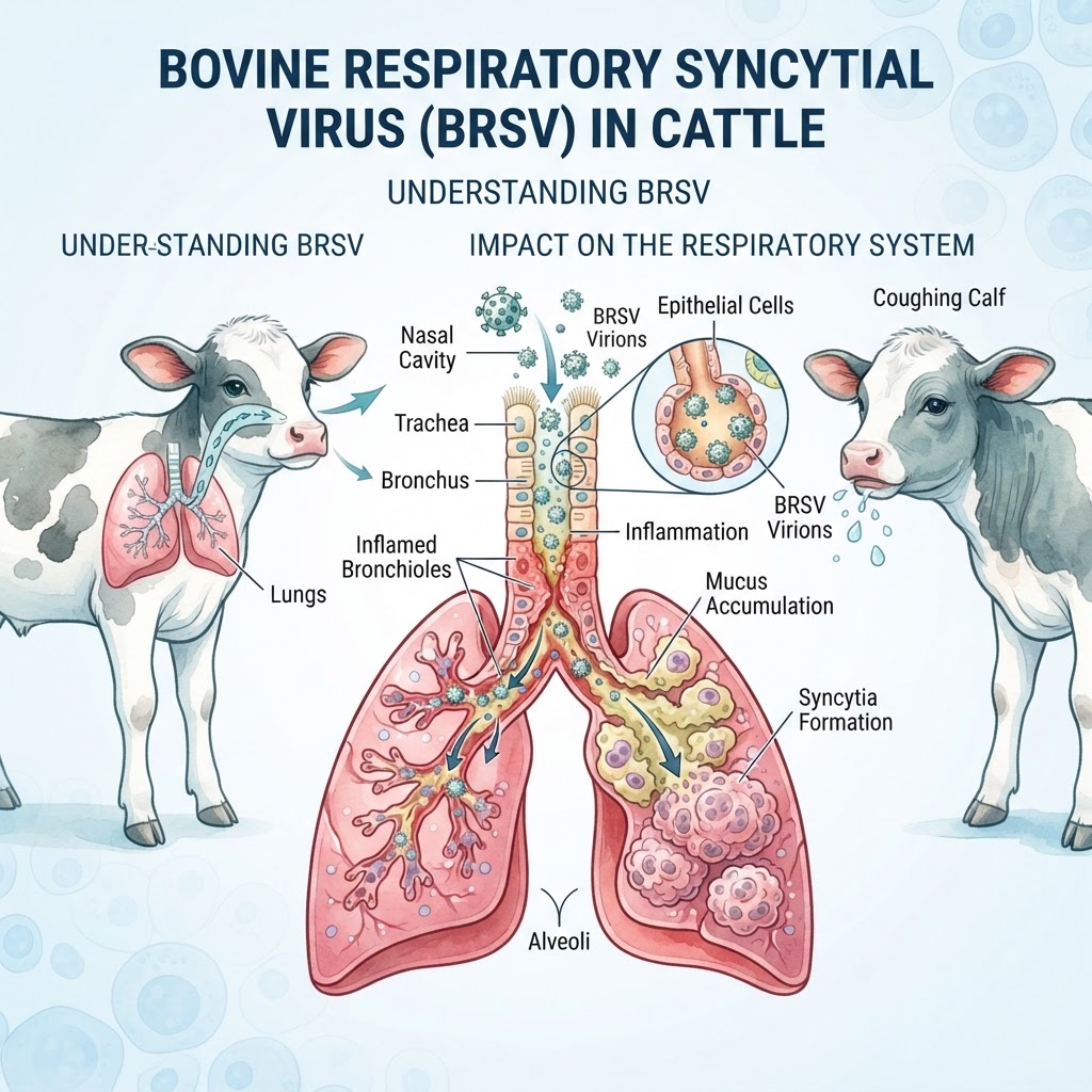 bovine respiratory syncytial virus in Livestock — Bovine Respiratory Syncytial Virus (BRSV) is a highly contagious viral pathogen that targets the respiratory tract of cattle, often acting as a primary precursor to severe bovine respiratory disease complex.