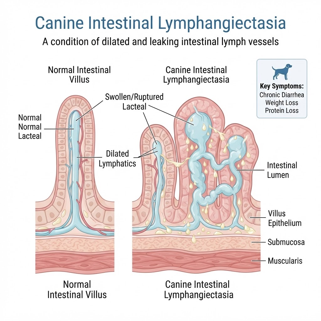 Lymphangiectasia in Dogs — Canine intestinal lymphangiectasia is a chronic, protein-losing enteropathy caused by the dilation and rupture of lymphatic vessels in the gastrointestinal tract, leading to significant protein depletion.