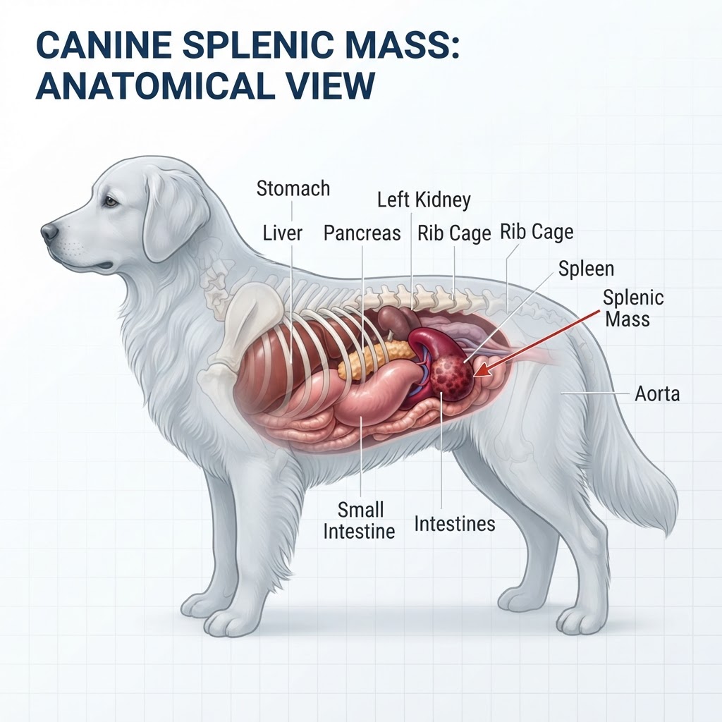 Splenic Mass in Dogs — A splenic mass is a growth on the spleen in dogs that can be benign or malignant, often requiring surgical evaluation due to the high risk of spontaneous rupture and life-threatening internal hemorrhage.