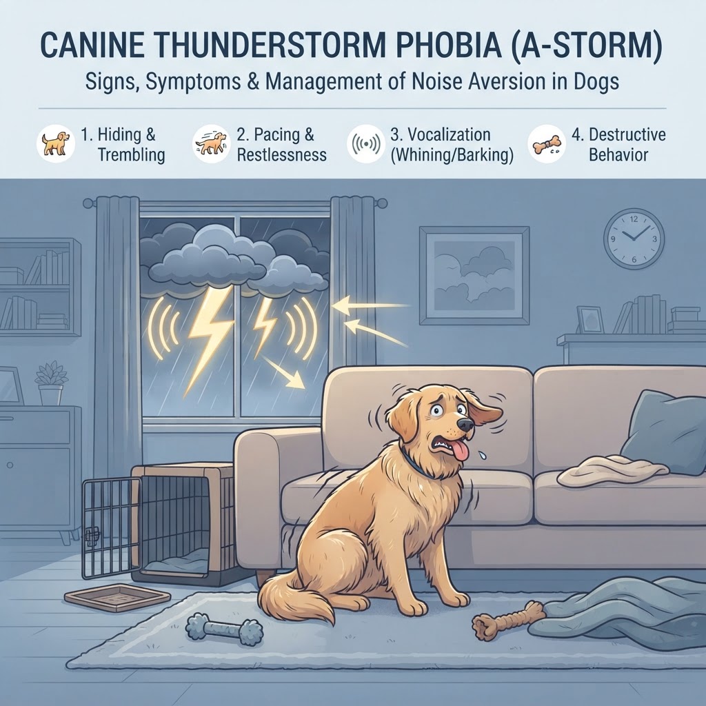 Thunderstorm Phobia in Dogs — Thunderstorm phobia is a common behavioral condition in dogs characterized by an intense, irrational fear reaction triggered by atmospheric changes associated with storms.