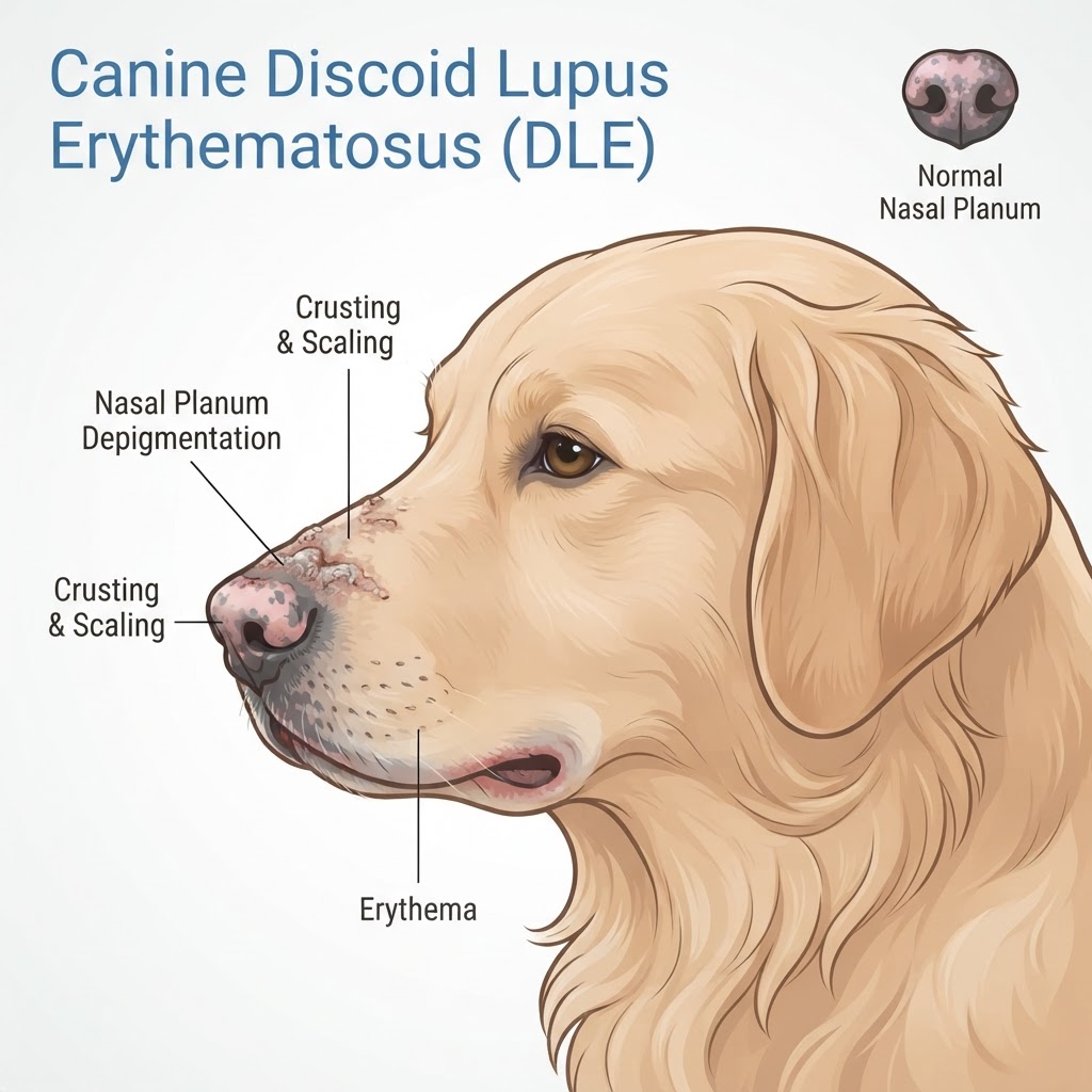 canine discoid lupus erythematosus — Canine discoid lupus erythematosus is a localized autoimmune skin disease primarily affecting the nasal planum that results in inflammation, depigmentation, and ulceration.