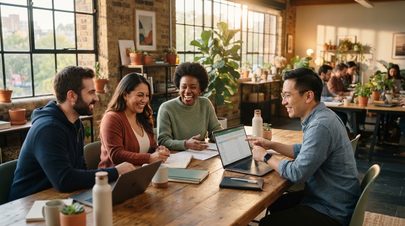 The 3 Ring Family team around a table in a warm, sunlit office