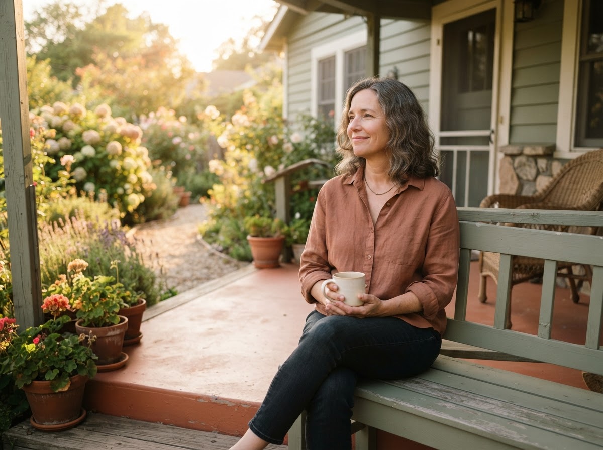 Woman sitting peacefully on a front porch, looking relieved