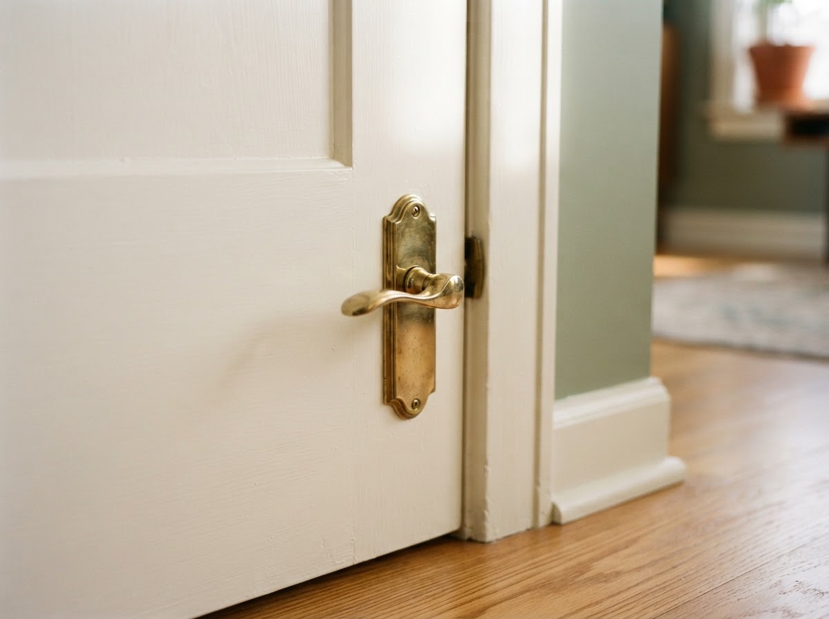 Close-up of a polished door handle on a freshly renovated home
