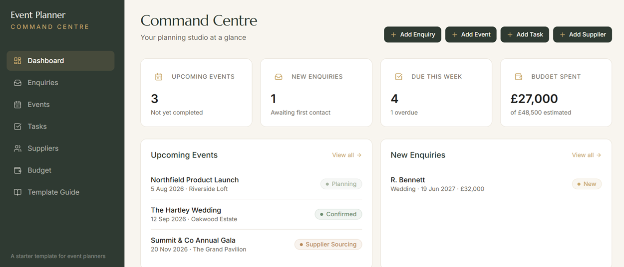 Event Planner Command Centre template preview
