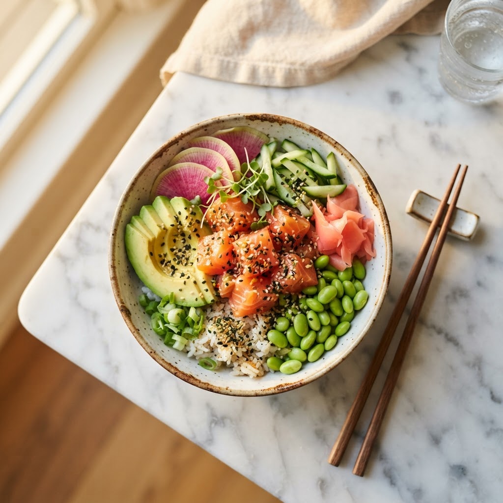 Gourmet salmon bowl with vibrant vegetables being analyzed by TrueTrack AI