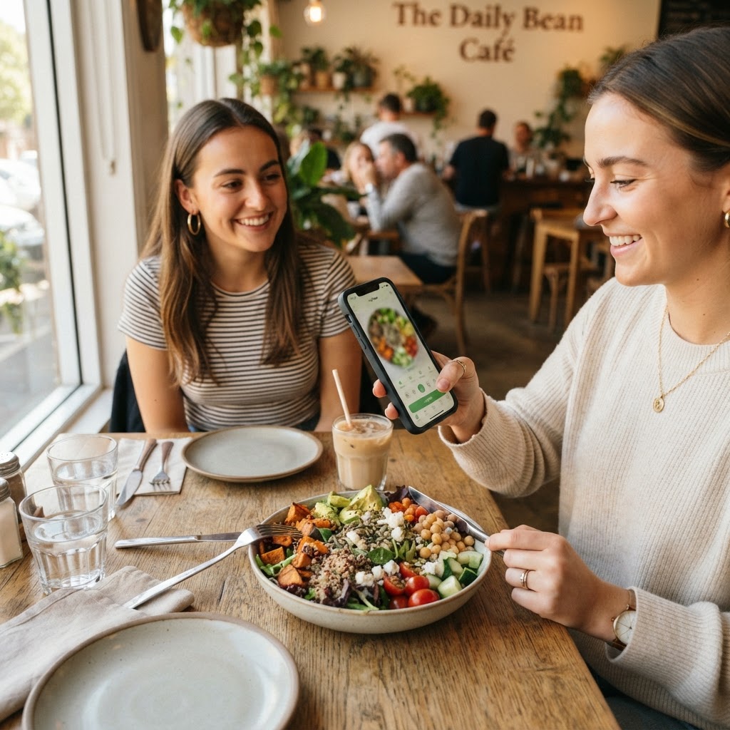 Two friends at a café using TrueTrack AI to photograph and log a salad bowl with their phone