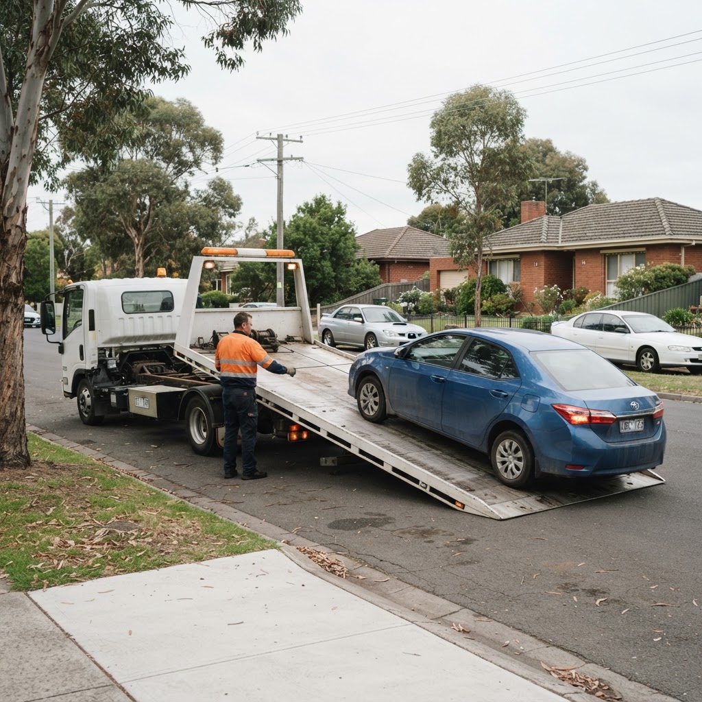 Passenger car being loaded onto a flatbed tow truck on a suburban Ballarat street