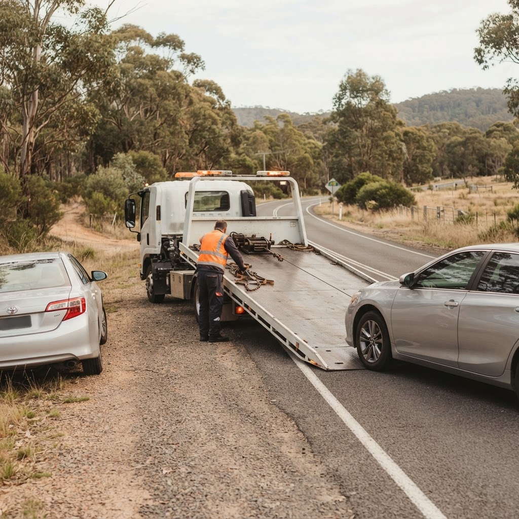 Tow truck collecting a broken-down vehicle from the side of a regional road