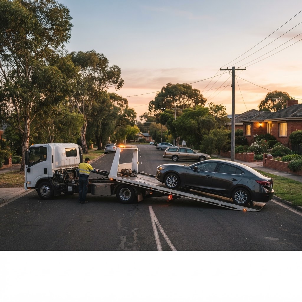 Tow truck collecting a vehicle in early evening light