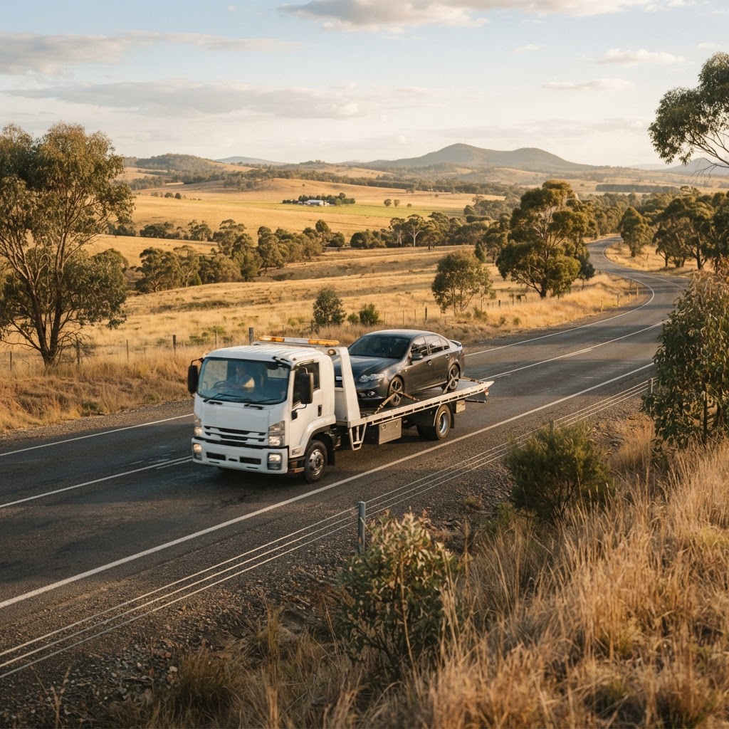 Tow truck transporting a vehicle along a regional Victorian road near Ballarat