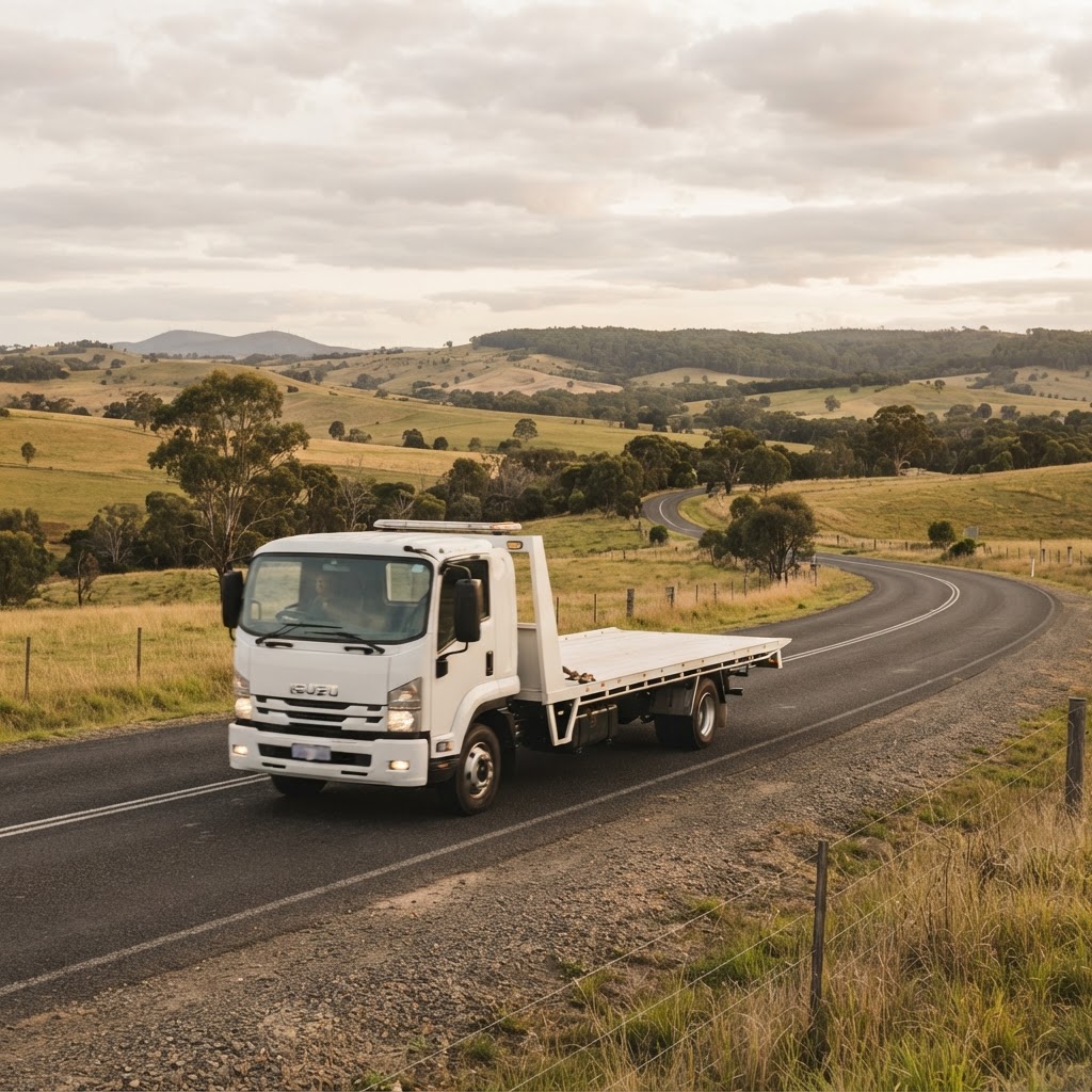 Tow truck travelling on a regional road near Ballarat
