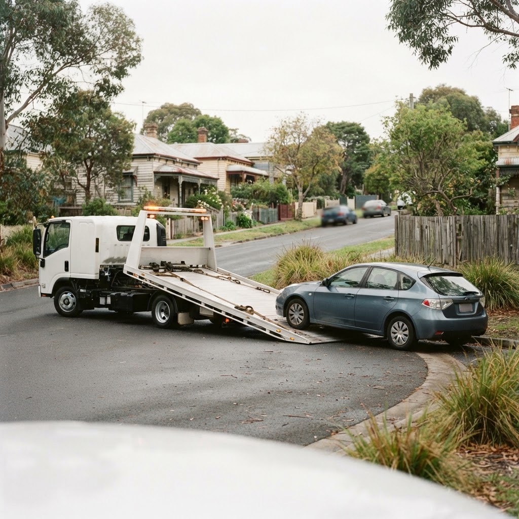 Tow truck parked safely beside a vehicle in a regional Victorian street