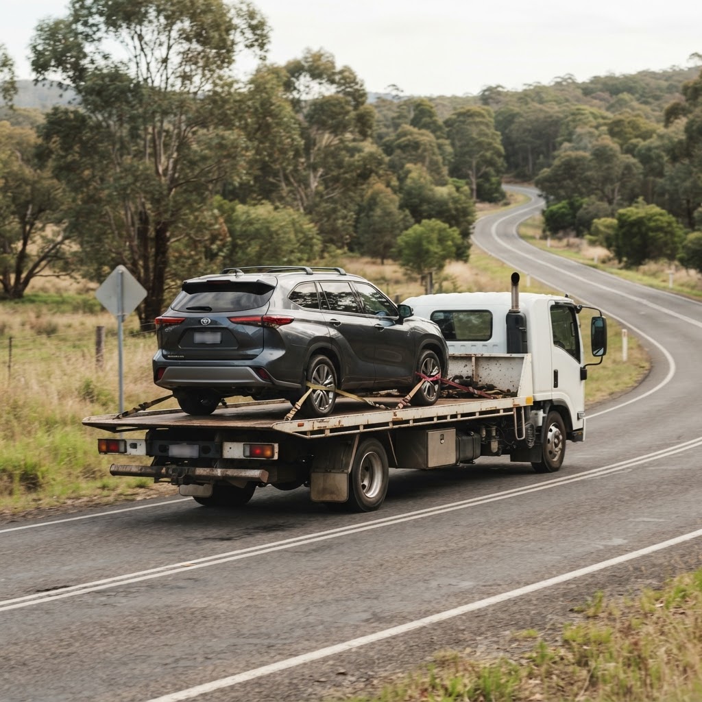 Vehicle being transported on a flatbed tow truck along a regional road