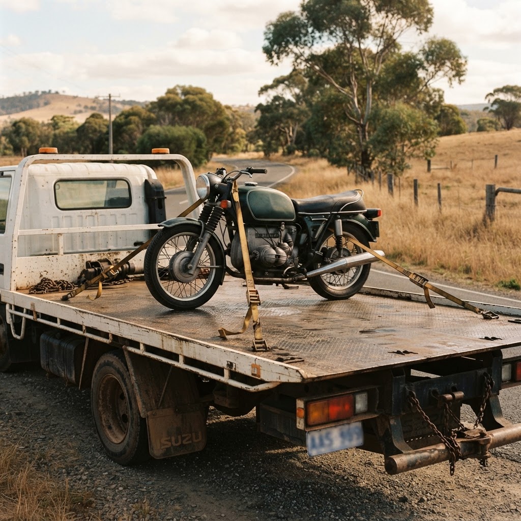 Motorcycle secured on a flatbed tow truck for transport