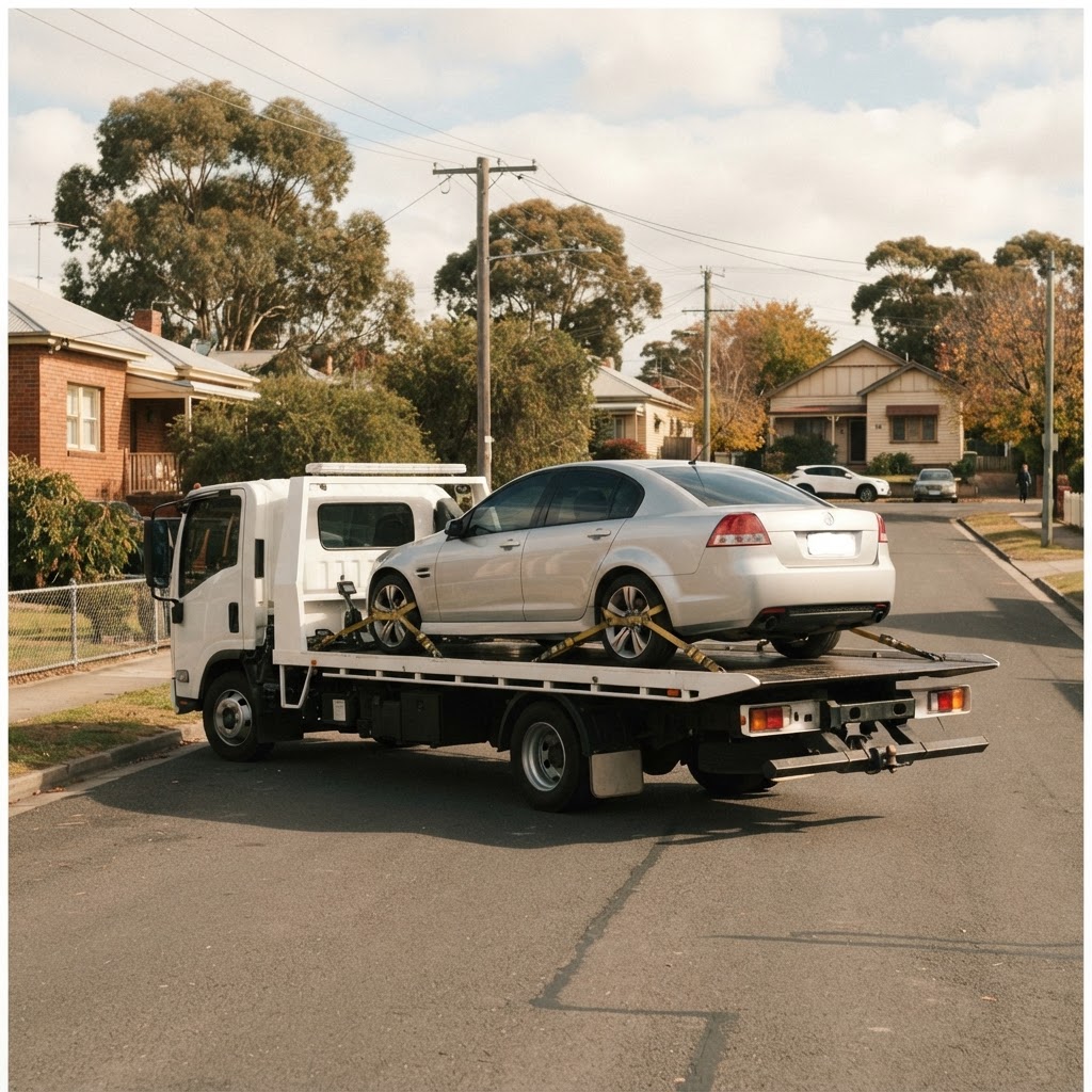 Car secured on a flatbed tow truck ready for transport