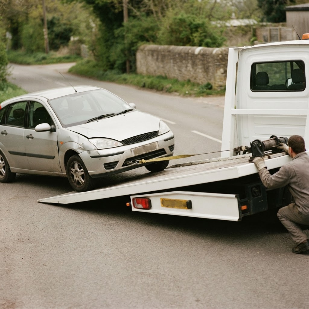 Damaged vehicle being carefully loaded onto a flatbed tow truck