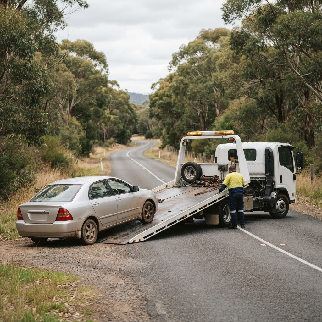 Tow truck collecting a broken-down vehicle on a quiet regional road