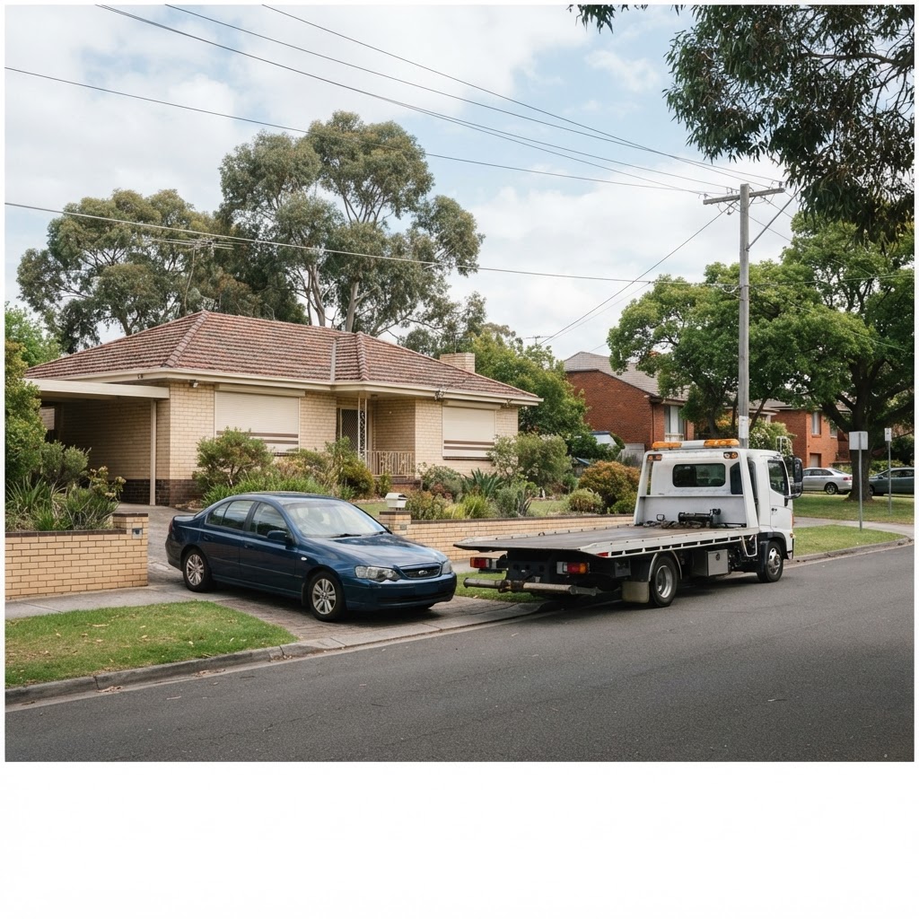 Car parked in an Australian suburban driveway with a tow truck nearby ready to collect it