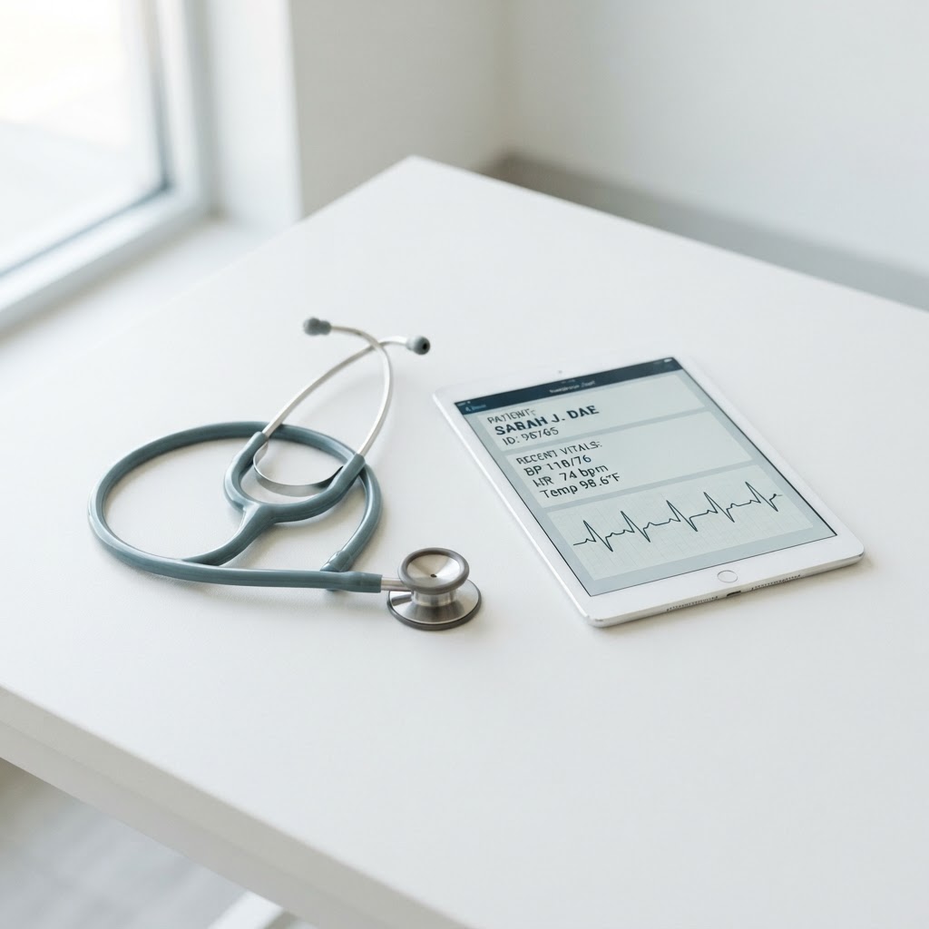 Stethoscope and iPad on a clean modern medical desk