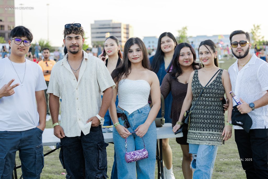 Group of friends posing at the festival