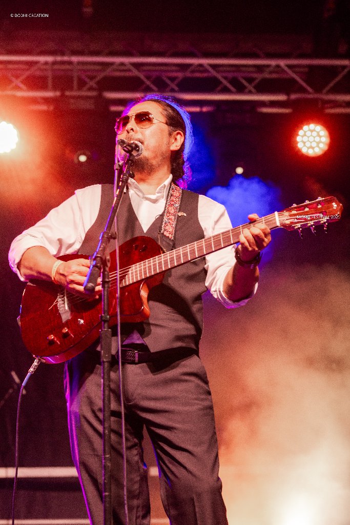 Guitarist performing on stage under stage lights