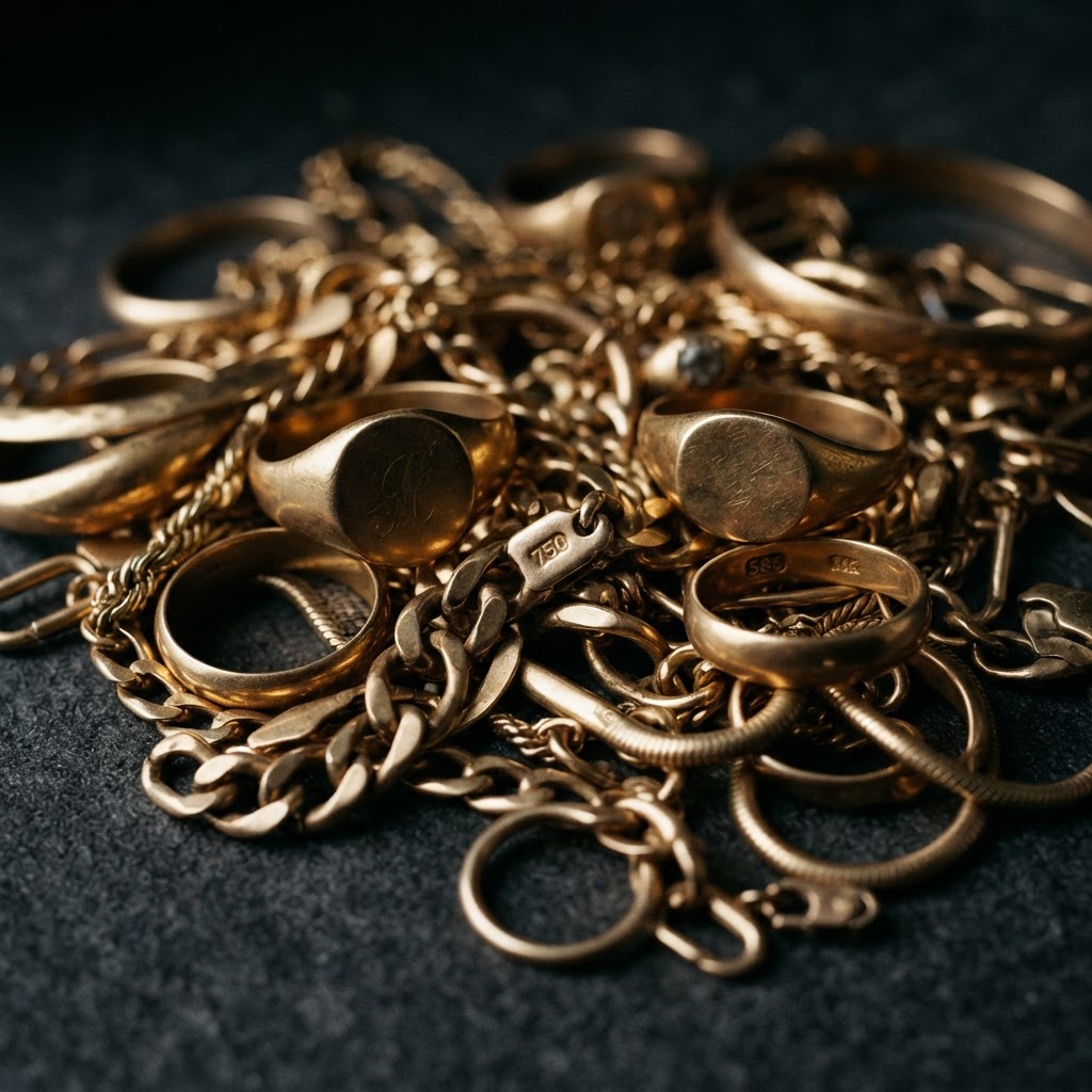 Close-up of gold jewelry and coins