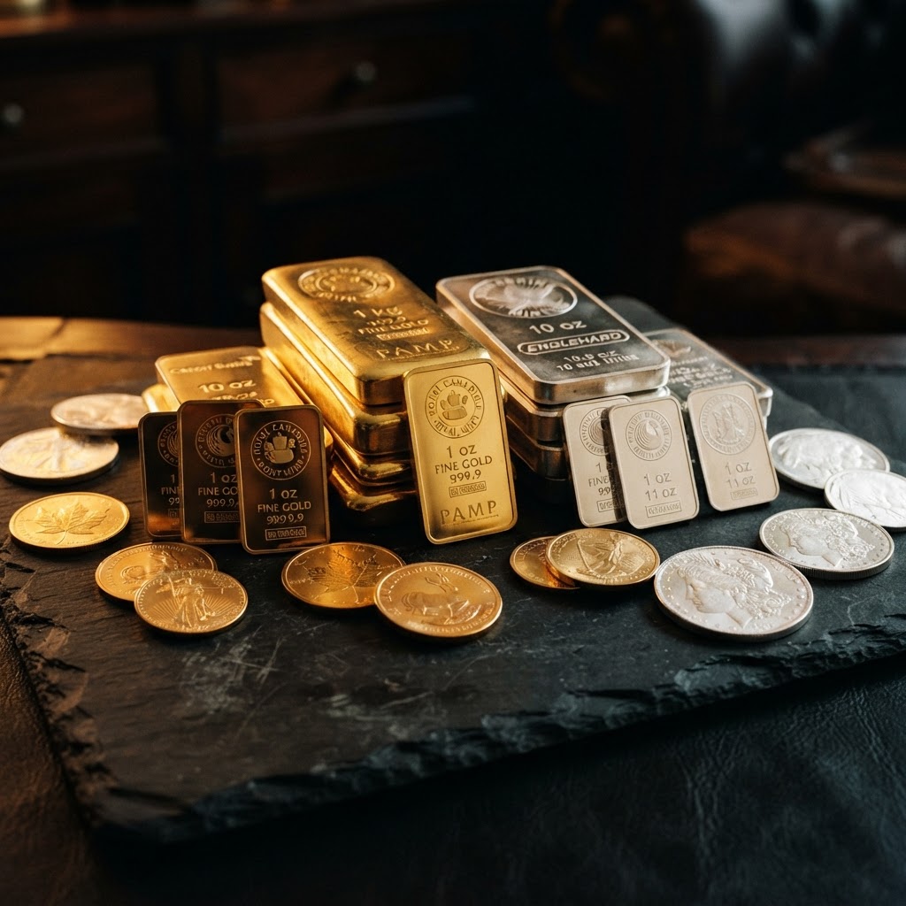 Assortment of gold and silver bullion bars, coins and rounds