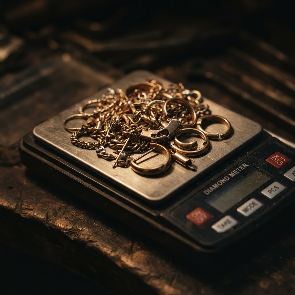 Broken and scrap gold jewelry on precision scale