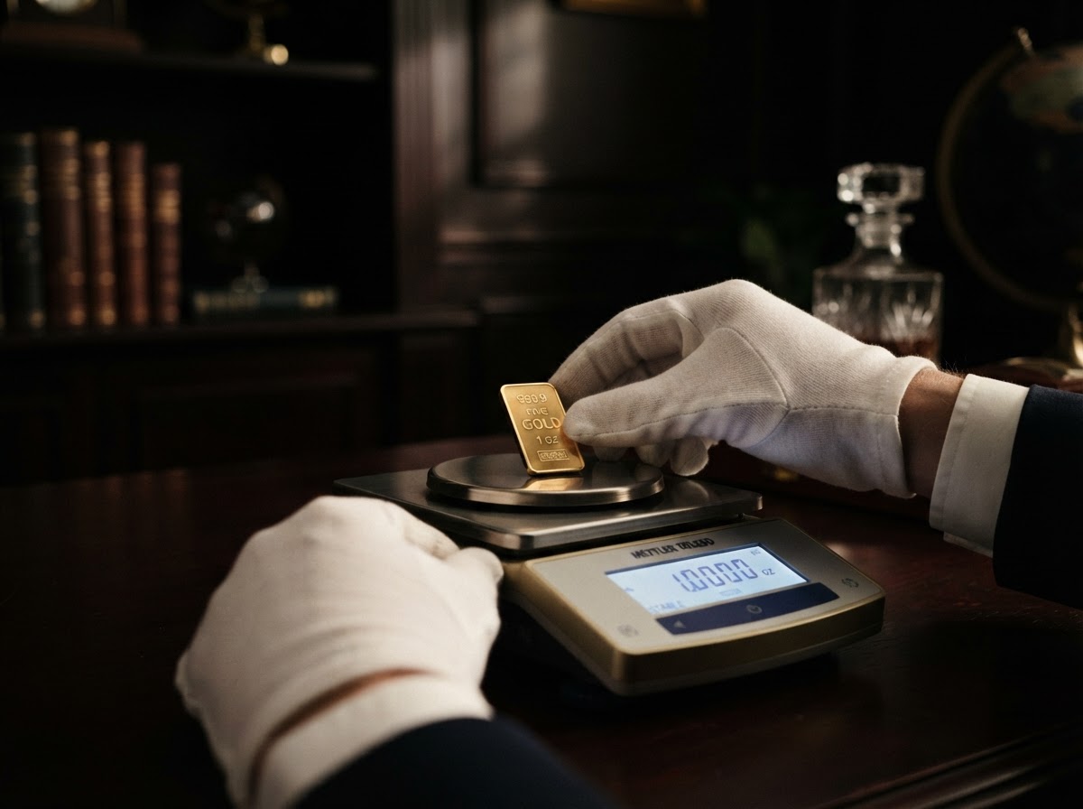 Gloved hands placing a gold bar on a precision jeweler's scale