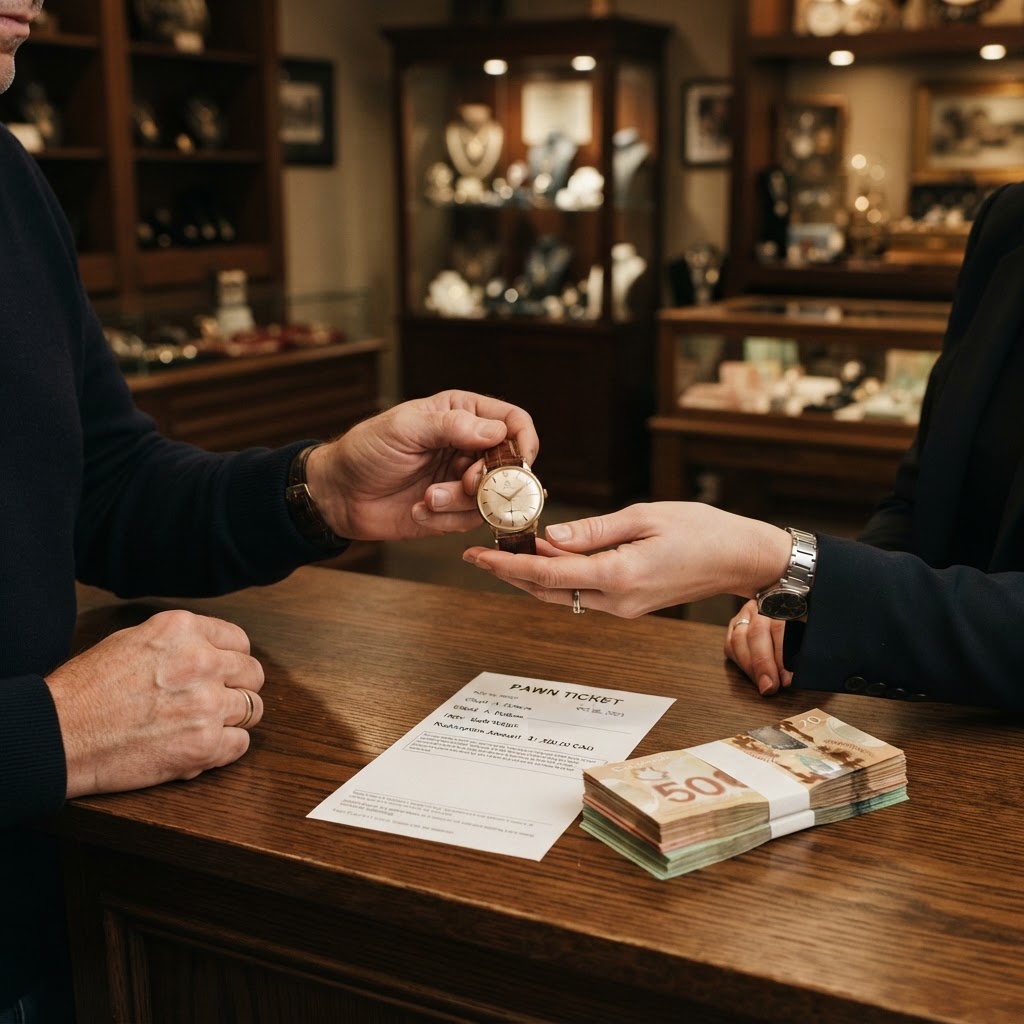 Fine watch and pawn ticket redemption handoff across a counter