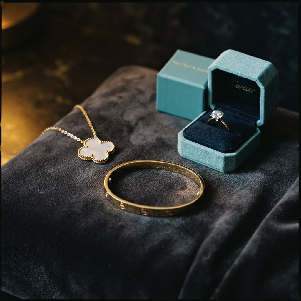 Iconic designer jewelry pieces arranged on dark velvet