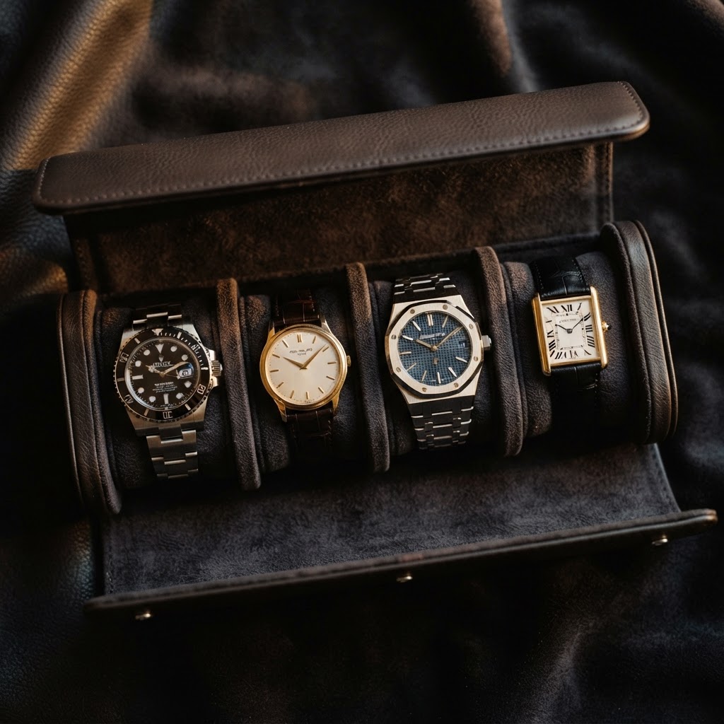Open display case of multiple prestige Swiss timepieces
