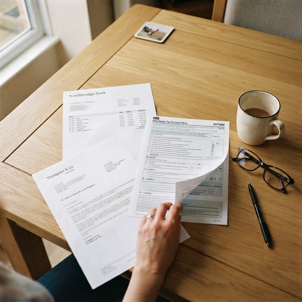 Several official printed documents spread on a wooden table beside a mug of tea and reading glasses in daylight